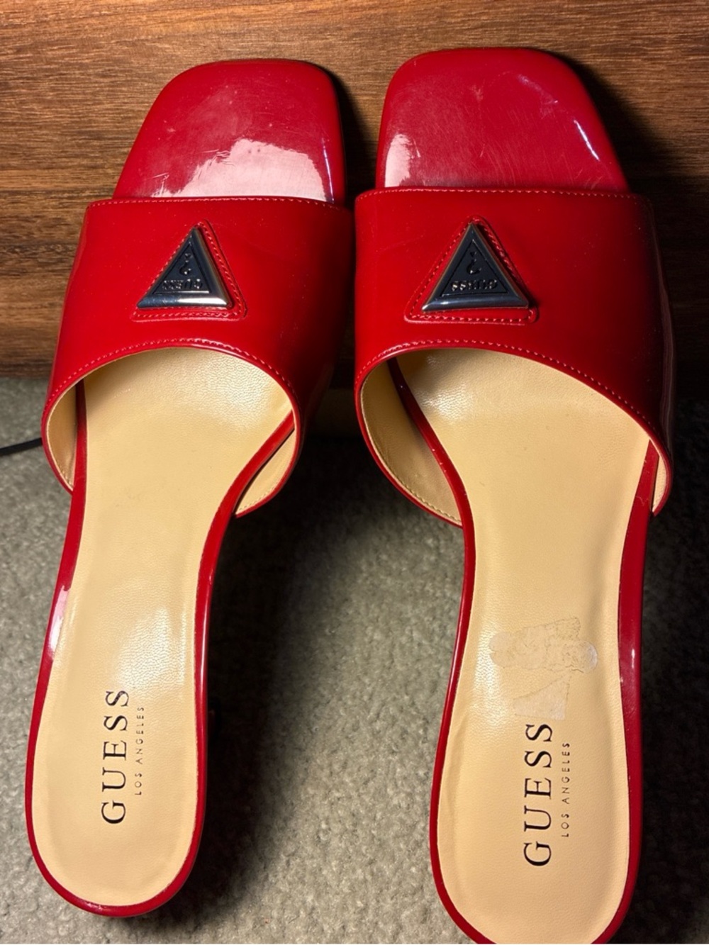GUESS Red Patent Square-Toe Slide Mules